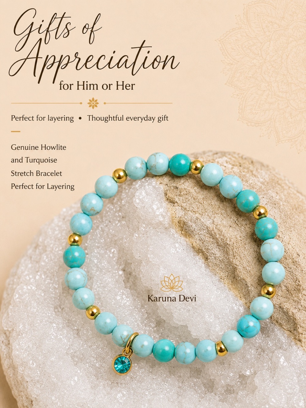 Genuine Turquoise & Howlite, Beaded Mini Stretch Bracelet Gold Accents.